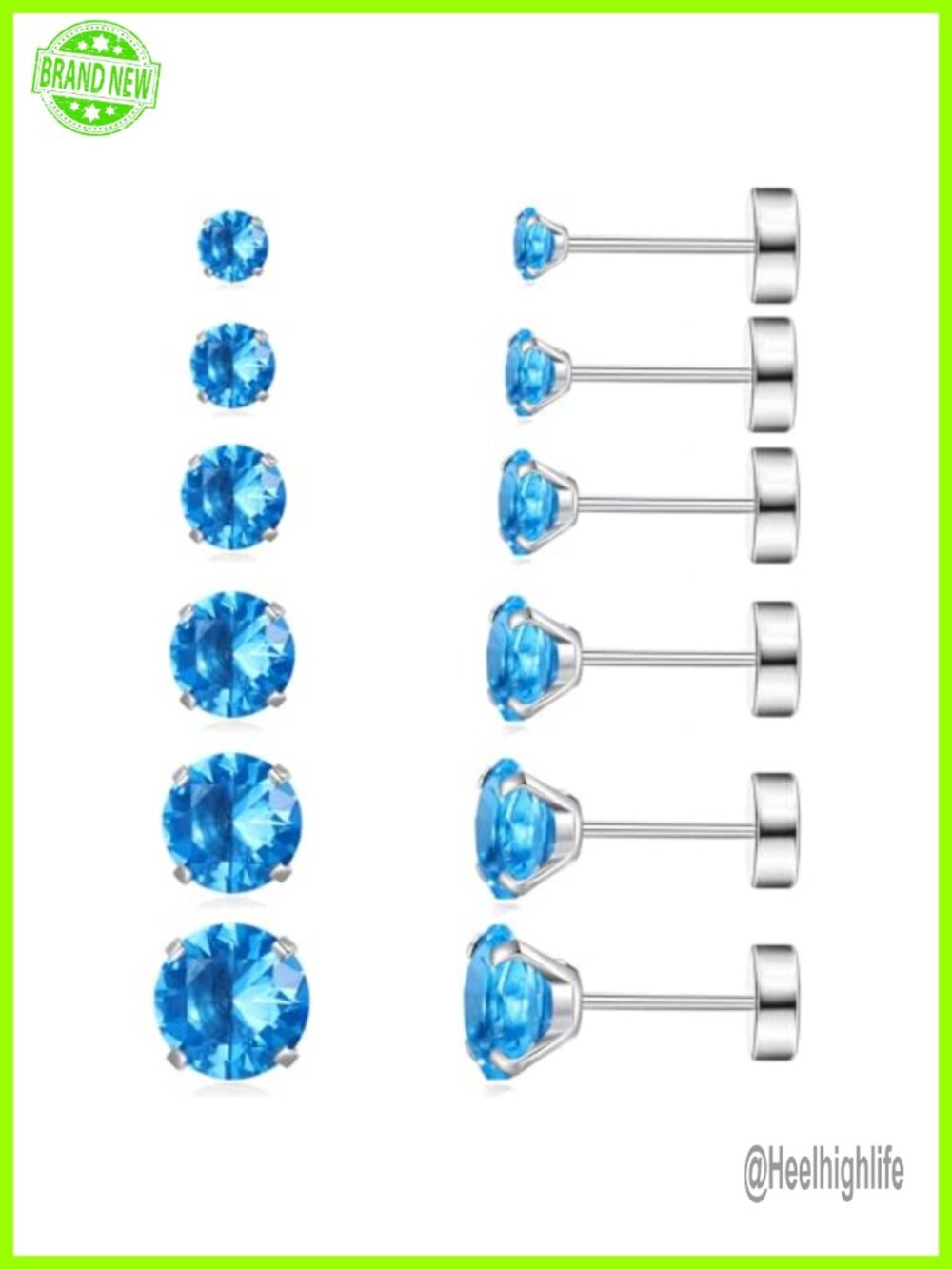 6 Pair 316L Stainless Steel CZ Stud Earrings Set Screw Back Flat Back